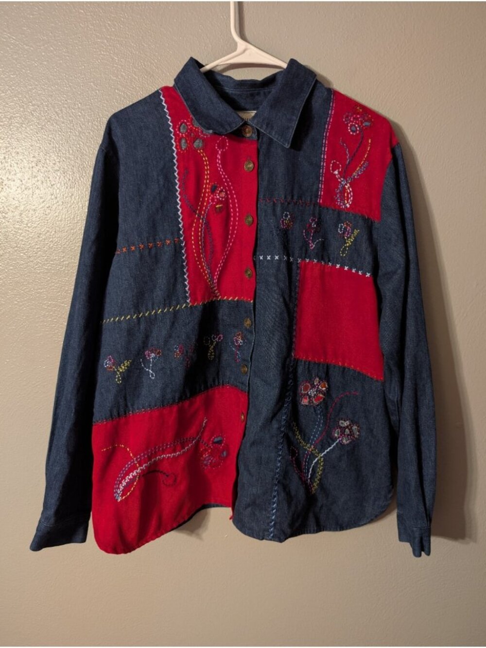 Vintage Napa Valley Womens XL Blue Denim Red Patchwork Embroidered Shirt Jacket